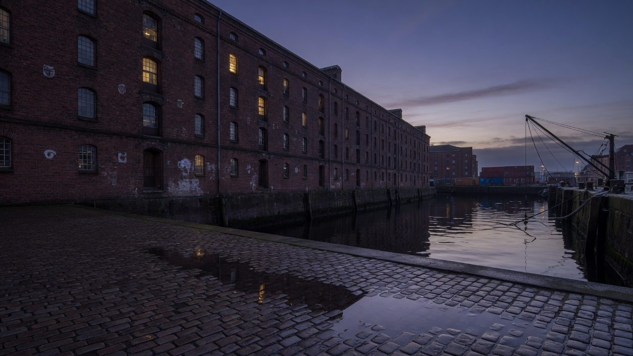 Hamburg harbor warehouses at dusk