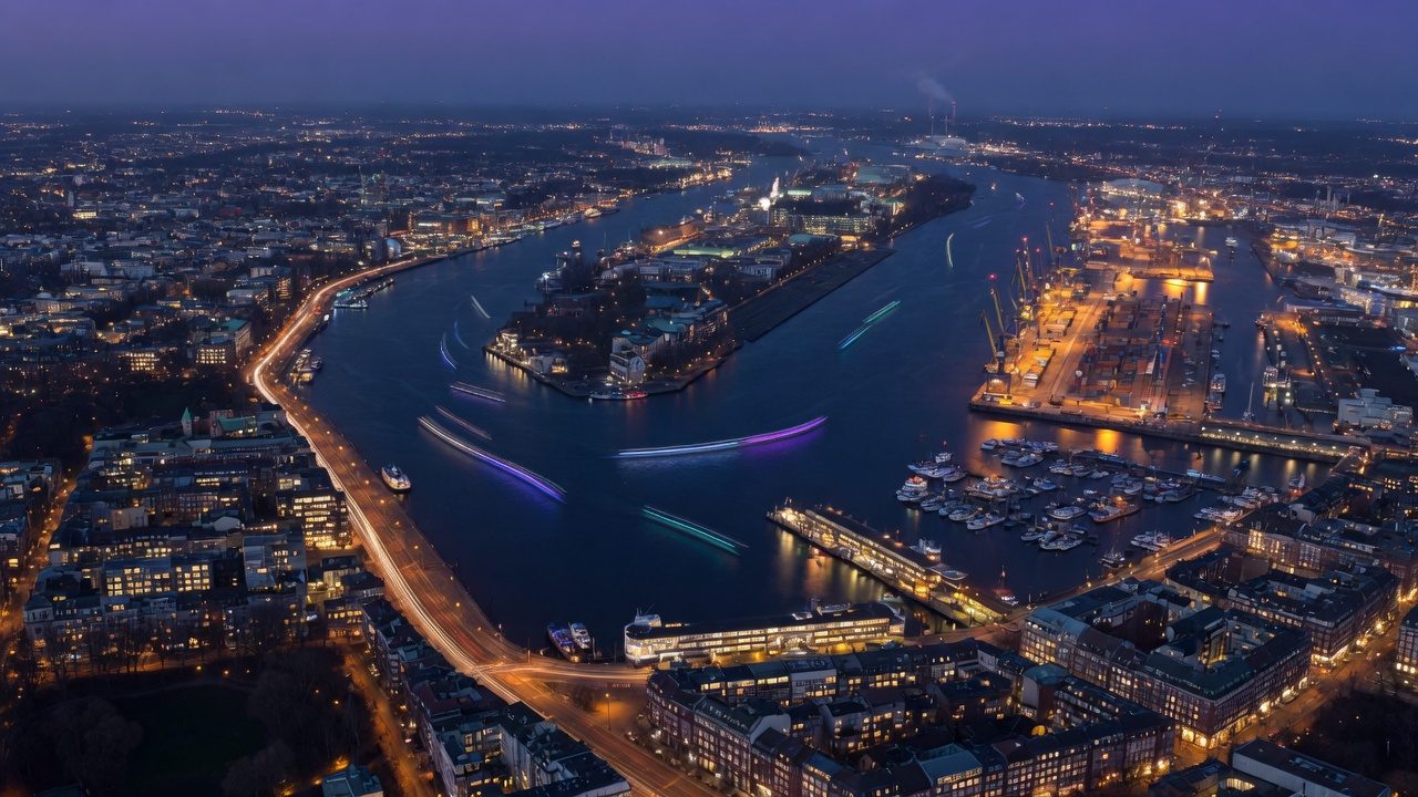 Night aerial of a northern European harbor city