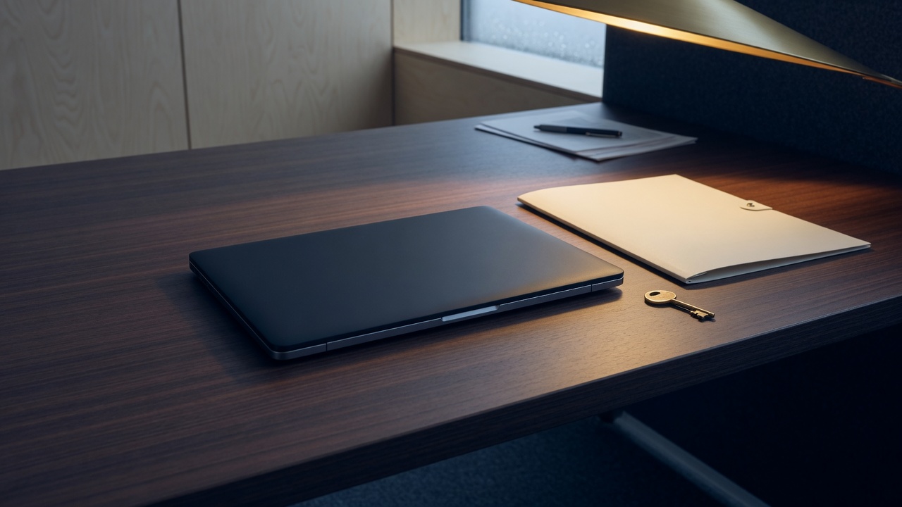Closed notebook on a quiet office desk