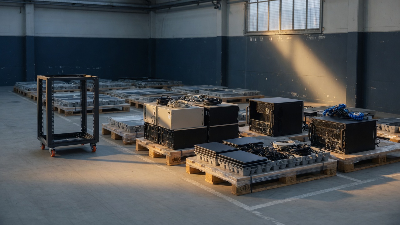 Orderly retired equipment on pallets in a quiet warehouse