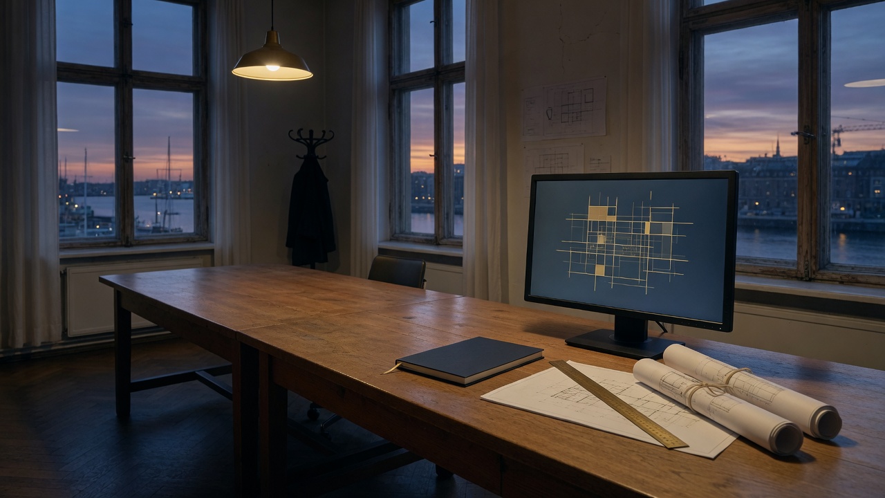 Quiet studio table with sketches and a muted screen at harbor dusk