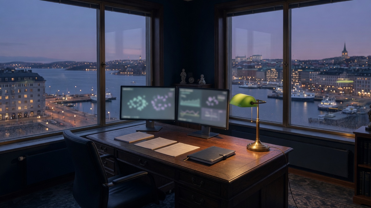 Quiet executive desk overlooking a northern harbor at dusk